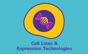 Illustration featuring a stylized cell with a DNA helix in the center, surrounded by a purple circle and yellow ring, against a teal background. Below is the text ‘Cell Lines & Expression Technologies.