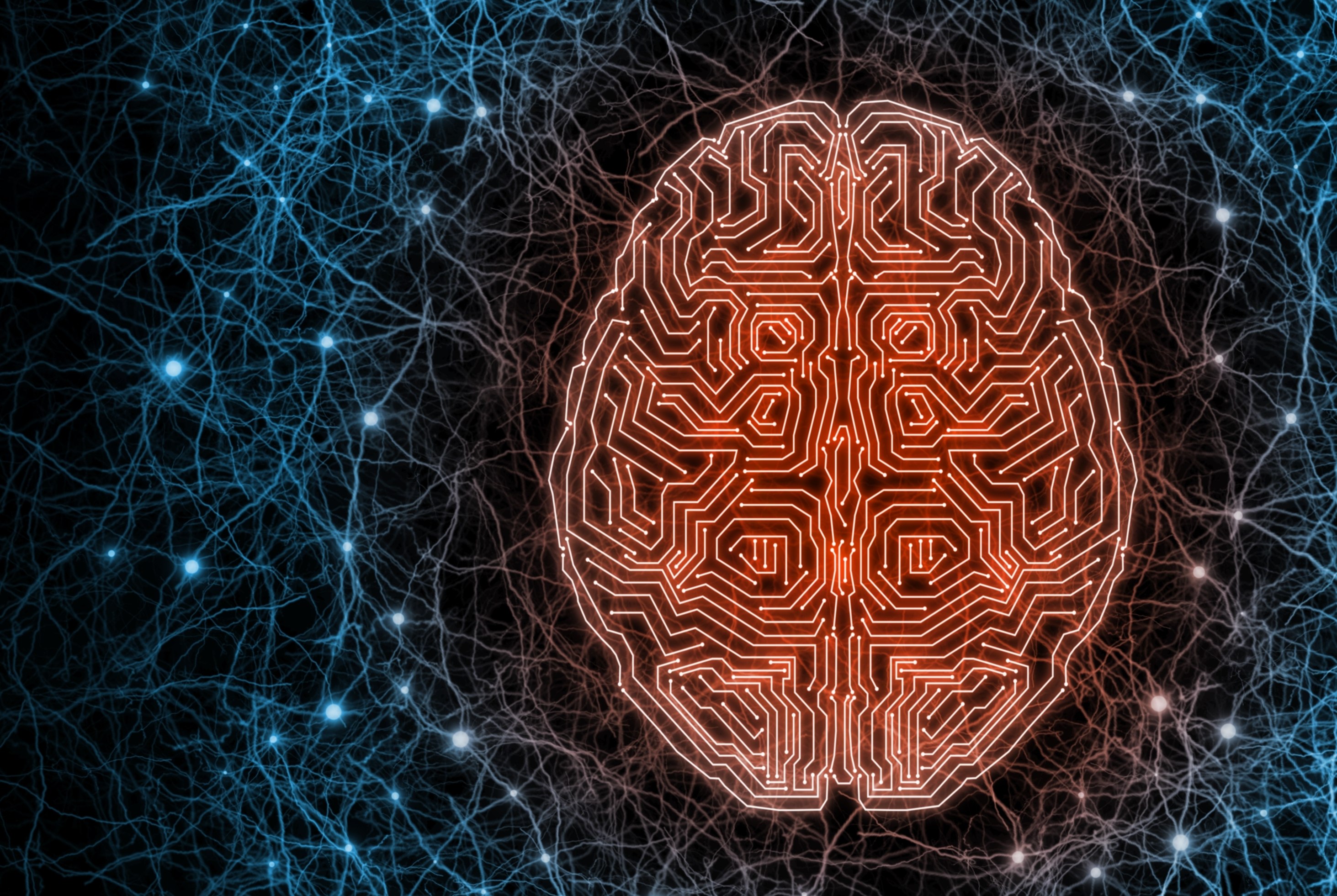 Brain illustrated as electronic chip surrounded by neural system to illustrate combination of state-of-the-art technology with bio-organisms.