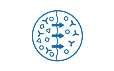 The image shows a circular setup with various shapes inside, including circles, triangles, and Y-shaped figures. Arrows are depicted moving tangentially around the perimeter of the circle, representing the flow of molecules across a filter membrane.