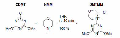 Reaction of CDMT with NMM to the powerful acylating agent DMTMM.