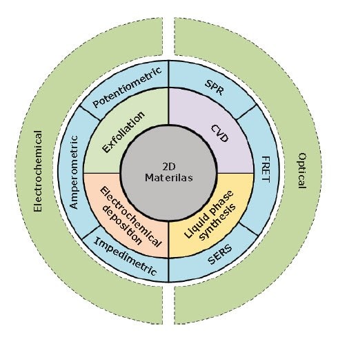 An overview of various synthesis methods (i.e., exfoliation, chemical-vapor deposition (CVD), electrochemical deposition and liquidphase synthesis) of 2D materials for application in electrochemical biosensors (i.e., amperometric, potentiometric, and impedimetric methods) and optical biosensors (i.e. FRET: Forster resonance energy transfer, SERS: surface-enhanced Raman spectroscopy, and SPR: surface plasmon resonance)