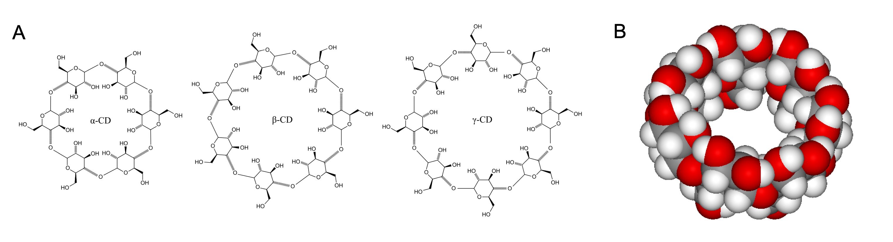 The three most common cyclodextrins; B) a space-filling model of β-cyclodextrin.