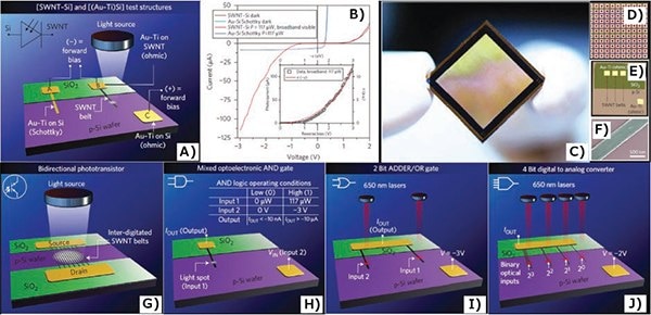 Schematics of novel optoelectronic devices and image of array of SWCNT-Si sensor