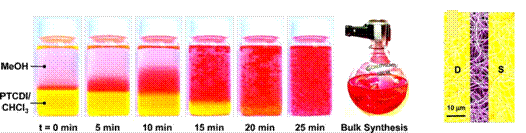 Series of optical photographs detailing the interfacial self-assembly of PTCDI nanowires