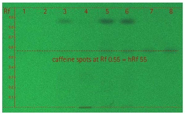 HPTLC plate with caffeine standard and energy drink samples under UV light (254 nm).