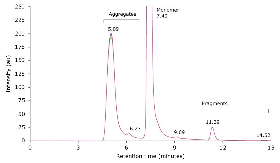 Overlay of SEC-UV traces of six consecutive runs of a mAb sample heat-stressed for 6 h at 60 °C  zoom-in.