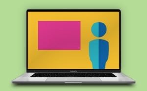 Shows an abstract human figure interacting with a colorful display on a laptop, symbolizing the modern digital interaction between humans and various interfaces. 