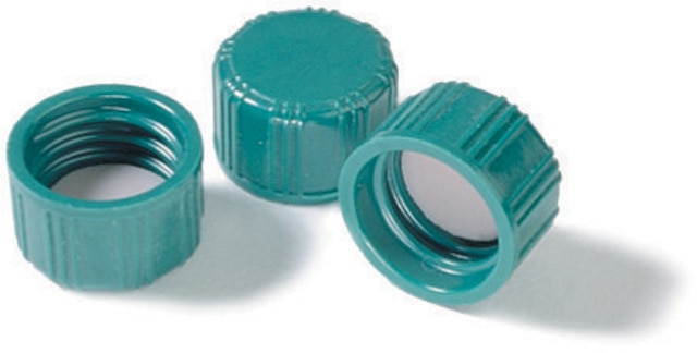 Screw cap, solid top with PTFE liner, pkg 100 solid green melamine resin cap, F217/PTFE liner, for use with 4&nbsp;mL vial with 13-425 thread