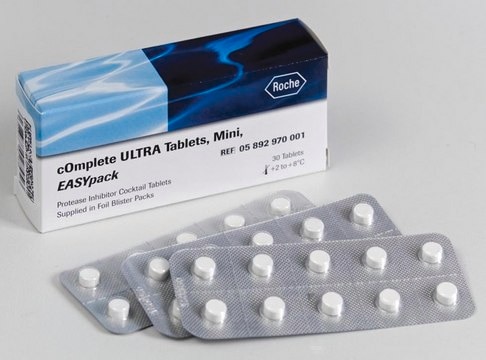 cOmplete&#8482; ULTRA Tablets, Mini, EASYpack Protease Inhibitor Cocktail Tablets supplied in foil blister packs.