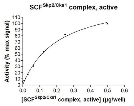 SCF-Skp2 Protein Complex, Active, 10 &#181;g Active complex of five (5) full length, recombinant human enzymes: Skp1, Skp2, Cul1, Rbx1 &amp; Cks1. For use in Enzyme Assays. Functions as an E3 ligase in ubiquitination assays.