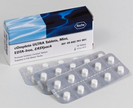 cOmplete&#8482; ULTRA Tablets, Mini, EDTA-free, EASYpack Protease Inhibitor Cocktail Tablets supplied in foil blister packs.