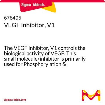 VEGF Inhibitor, V1 The VEGF Inhibitor, V1 controls the biological activity of VEGF. This small molecule/inhibitor is primarily used for Phosphorylation &amp; Dephosphorylation applications.