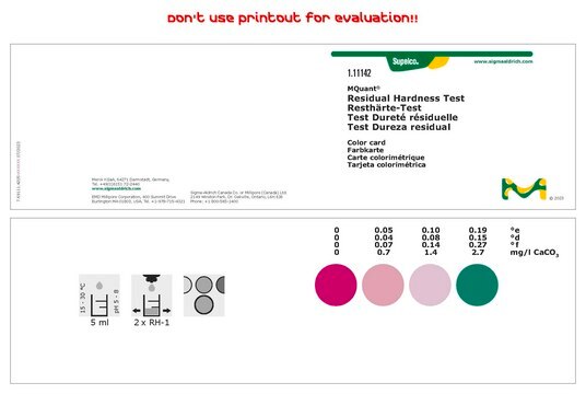 Residual Hardness Test colorimetric, water hardness 0.04-0.15&#160;°d, water hardness 0.05-0.19&#160;°e, 0.7-2.7&#160;mg/L (CaCO3), for use with MQUANT&#174;