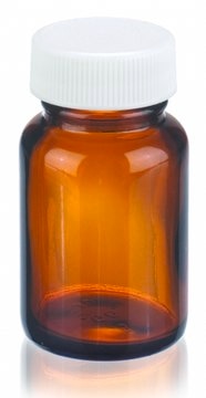 Wheaton wide-mouth bottle capacity 1&#160;oz (30&#160;mL), amber, white polypropylene cap, vinyl flat liner