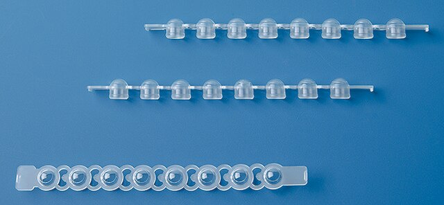 BRAND&#174; PCR caps, strips of 8 clear, domed polypropylene