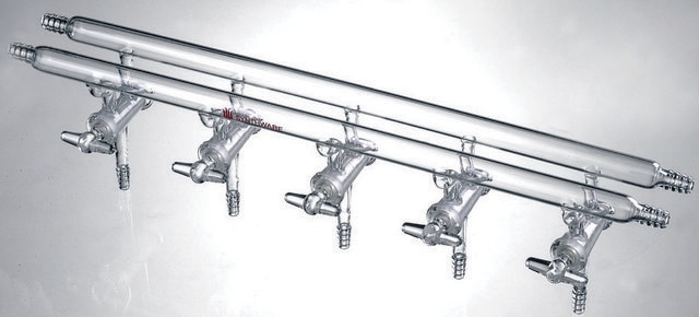 Synthware&#8482; all-glass vacuum/inert gas manifold with hollow high vacuum stopcocks port size 5, Hose Connections: Front-left-right, Rear-left-right