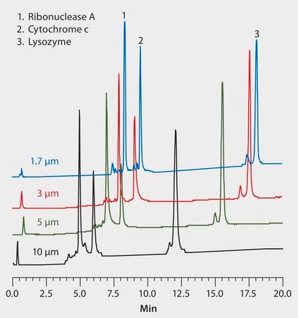 HPLC Analysis of Proteins and Peptides on Proteomix&#174; WCX, Comparison of Different Particle Sizes application for HPLC