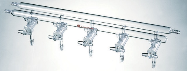 Synthware&#8482; all-glass vacuum/inert gas manifold with solid high vacuum stopcocks port size 4, Hose Connections: Front-left-right, Rear-right