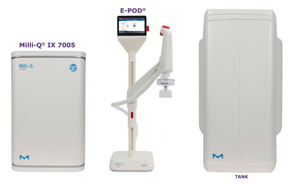 Milli-Q&#174; IX Pure Water System with E-POD&#174; Dispenser output: type 2 water (> 5&#160;M&#937;·cm), input: potable tap water, The most advanced pure water system for the production of Elix&#174; quality water at a flow rate of 5 L/h, with E-POD&#174; pure water dispenser.