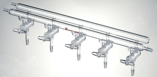 Synthware&#8482; all-glass vacuum/inert gas manifold with solid high vacuum stopcocks port size 5, Hose Connections: Front-left-right, Rear-left