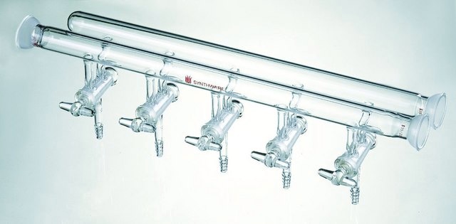 Synthware&#8482; double manifold with hollow high vacuum stopcocks and SJ 35/20 joint joint: ST/NS 35/20, port size 5, Connections: front-left-right, rear-right