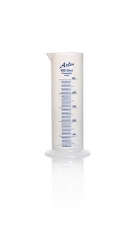 Azlon Squat Form Cylinder with Molded Graduation with blue over print polypropylene cylinder, class B, capacity 500&#160;mL