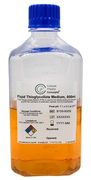 Fluid Thioglycollate Medium (FTM) bottle of 600&#160;mL, pkg of 4&#160;units, polycarbonate bottle (1L with Screw Cap Septum), sterile; autoclaved