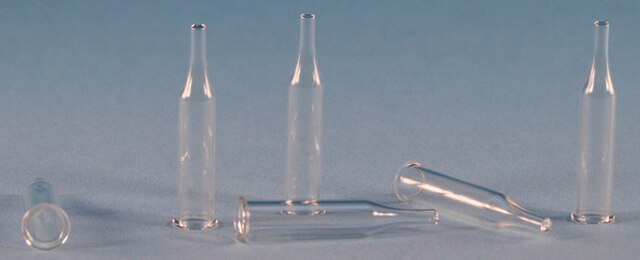 Certified glass inserts for 12 x 32 mm, large opening vials volume 0.3&#160;mL, clear glass insert, conical point, O.D. × H 6&#160;mm × 31&#160;mm, pkg of 100&#160;ea