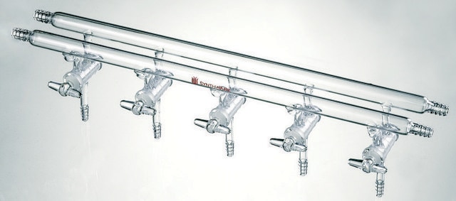 Synthware&#8482; all-glass vacuum/inert gas manifold with solid high vacuum stopcocks port size 5, Hose Connections: Front-left-right, Rear-left-right