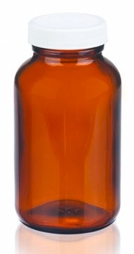 Wheaton wide-mouth bottle capacity 8&#160;oz (250&#160;mL), amber, white polypropylene cap, vinyl flat liner