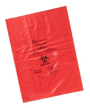 Biohazard disposal bags H × W × thickness 584&#160;mm × 483&#160;mm × 0.04&#160;mm, red polypropylene (with biohazard warning symbol &amp; precautions in English, Spanish, &amp; French)