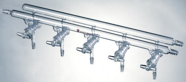 Synthware&#8482; all-glass vacuum/inert gas manifold with hollow high vacuum stopcocks port size 4, Hose Connections: Front-left, Rear-left-right