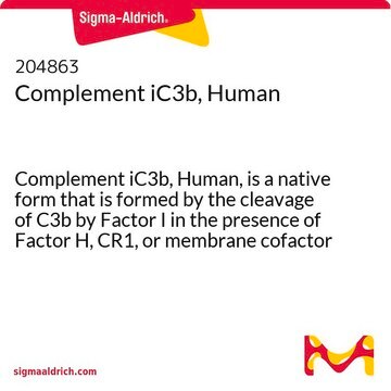 Complement iC3b, Human Complement iC3b, Human, is a native form that is formed by the cleavage of C3b by Factor I in the presence of Factor H, CR1, or membrane cofactor protein.