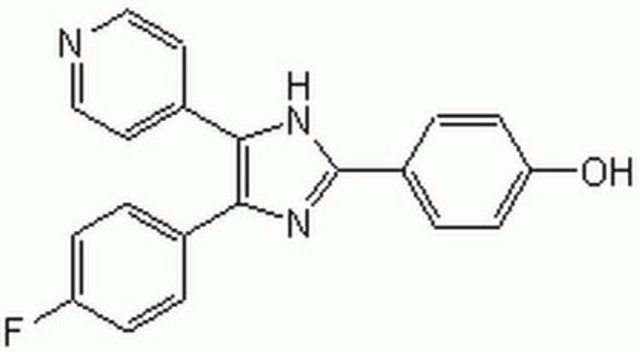 SB 202190 SB 202190, CAS 152121-30-7, is a potent, reversible, competitive inhibitor of p38. Inhibits p38 phosphorylation of myelin basic protein. Blocks the activity of p38&#946; (Ki = 16 nM; IC&#8325;&#8320; = 350 nM).