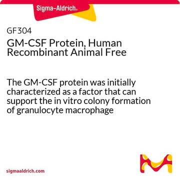 GM-CSF Protein, Human Recombinant Animal Free The GM-CSF protein was initially characterized as a factor that can support the in vitro colony formation of granulocyte macrophage progenitors. The Recombinant animal free human GM-CSF is manufactured using all non-animal reagents.