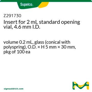 Insert for 2 mL standard opening vial, 4.6 mm I.D. volume 0.2&#160;mL, glass (conical with polyspring), O.D. × H 5&#160;mm × 30&#160;mm, pkg of 100&#160;ea