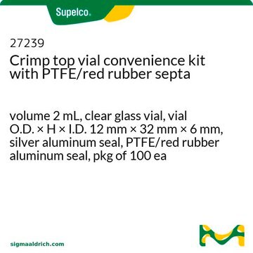 Crimp top vial convenience kit with PTFE/red rubber septa volume 2&#160;mL, clear glass vial, vial O.D. × H × I.D. 12&#160;mm × 32&#160;mm × 6&#160;mm, silver aluminum seal, PTFE/red rubber aluminum seal, pkg of 100&#160;ea