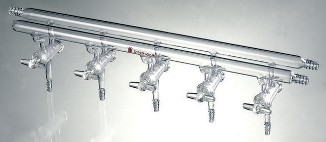 Synthware&#8482; all-glass vacuum/inert gas manifold with hollow high vacuum stopcocks port size 4, Hose Connections: Front-right, Rear-left-right