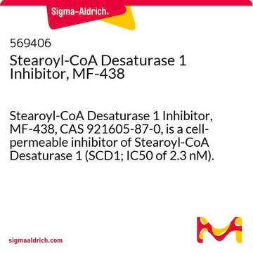 Stearoyl-CoA Desaturase 1 Inhibitor, MF-438 Stearoyl-CoA Desaturase 1 Inhibitor, MF-438, CAS 921605-87-0, is a cell-permeable inhibitor of Stearoyl-CoA Desaturase 1 (SCD1; IC50 of 2.3 nM).