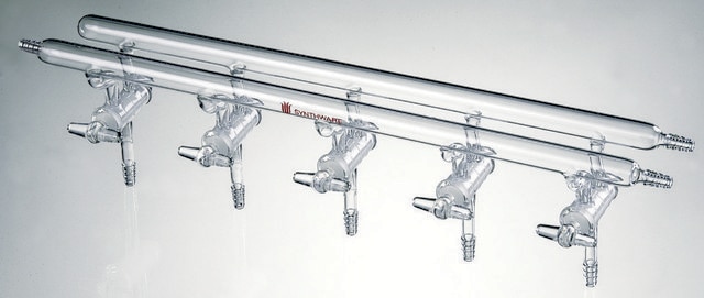 Synthware&#8482; all-glass vacuum/inert gas manifold with solid high vacuum stopcocks port size 4, Hose Connections: Front-left, Rear-left-right