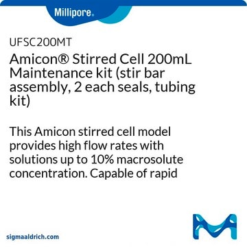 Amicon&#174; Stirred Cell 200mL Maintenance kit (stir bar assembly, 2 each seals, tubing kit) This Amicon stirred cell model provides high flow rates with solutions up to 10% macrosolute concentration. Capable of rapid concentration, or salt removal followed by concentration in the same unit.