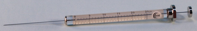 SGE MicroVolume syringes with standard plunger, fixed needle 25F, volume 25&#160;&#956;L, needle size 25 ga, needle L 50&#160;mm