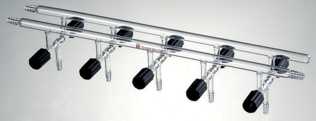 Synthware&#8482; Vacuum/Inert Gas Manifold with double bank and high vacuum valves port size 3, Hose Connections: Front-left, Rear-right