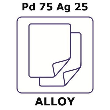 Palladium-silver alloy, Pd75Ag25 foil, 25 x 25mm, 0.25mm thickness