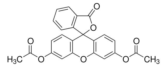 Fluorescein Diacetate Stains living cells green. Substrate for esterases. Suitable for use in cell viability assays. Removal of the acetate groups by cellular esterases results in fluorescence in cells with intact membranes.